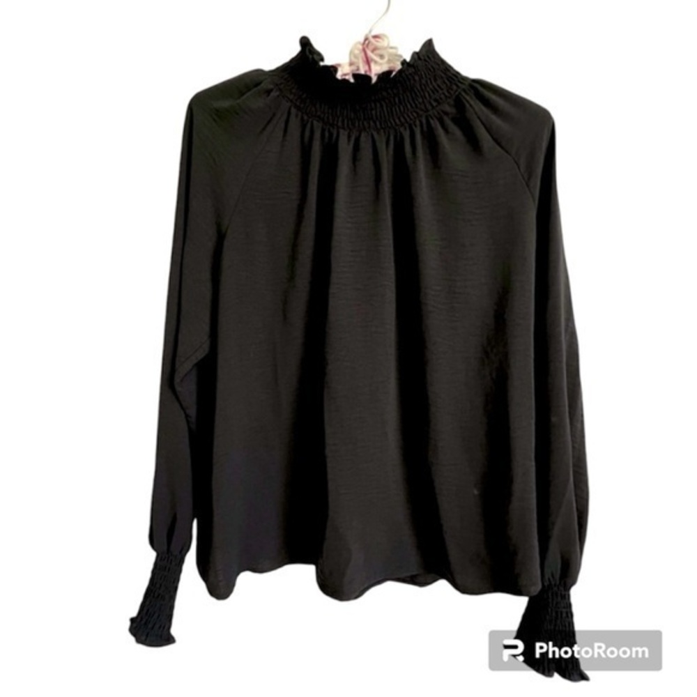 Nine West long cuffed‎ sleeve button high neck blouse black womens M NWT